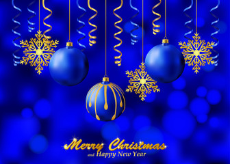 Holiday blue background with Christmas ornaments