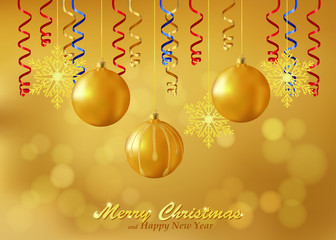 Holiday gold background with Christmas ornaments