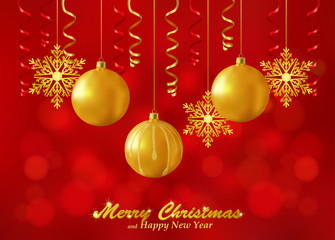 Fototapeta na wymiar Holiday red background with Christmas ornaments