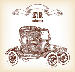 Retro car. Hand drawn vintage car. Vector illustration in sketch