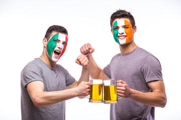 Italy vs Republic of Ireland football fans drink beer on white background. European football fans concept.