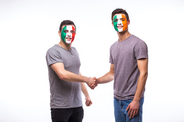 Obraz na płótnie Canvas Italy vs Republic of Ireland handshake of equal game on white background. European football fans concept.