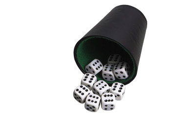 Black glass with white dice on a white background.	