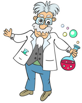 Funny scientist with chemical flask