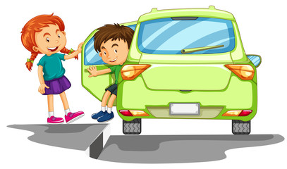 Boy getting out of green car