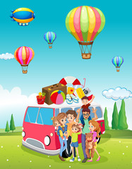 Obraz na płótnie Canvas Family trip and balloons flying