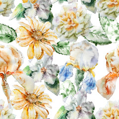  Seamless pattern with flowers. Rose.  Blossom. Iris. Watercolor.