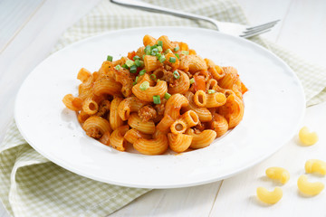 macaroni pasta in tomato sauce with chop meat