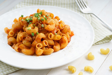 macaroni pasta in tomato sauce with chop meat
