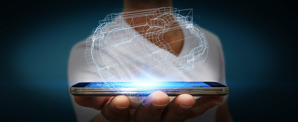 Businessman holding digital 3D engine