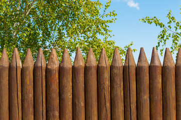 Old wooden fence  and birch on a bluesky background, Russian landscape