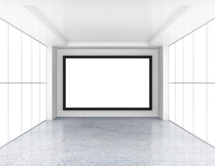 Empty room with white billboard and glossy concrete floor