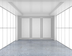 Empty room with white billboards and glossy concrete floor