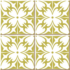 Vintage seamless wall tiles of vintage golden spiral cross flower, Moroccan, Portuguese.
