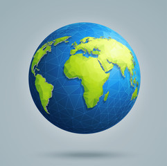 Polygonal 3D globe with global connections. Earth, world map. 