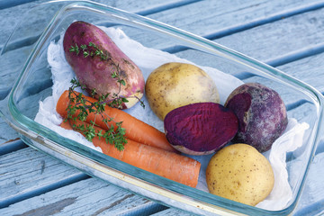 Raw vegetable with potatoes and beetroot, cleaned, ready to cook