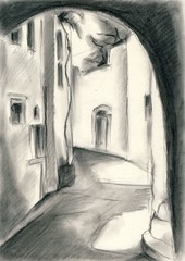 A small village in Cyclades islands, Greece - Charcoal drawing
