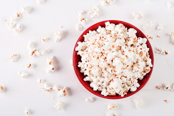 popcorn in a red bowl top view