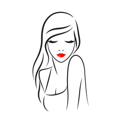 Beautiful woman with long hair vector line illustration. Fashion model portrait sketch.