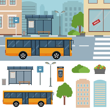 Bus on the street in the town vector flat illustrations.
