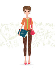 Naklejka premium pretty girl standing with her favorite book on floral background