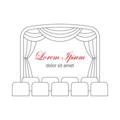 Theater stage with curtain and seats vector line illustration. Theater or cinema logo template. Entertainment icon.