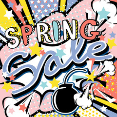 Sale spring handwritten quote. Rose quartz, serenity trend 2016 colors. Pop art bang splash bomb vector illustration
