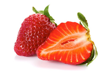 Strawberry with sliced half on white