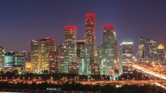 Zooming Out Shot: Beijing Central Business District(CBD), Day to Night, Time-Lapse.