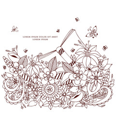 Vector illustration of floral frame zentangle, doodling. Zenart, doodle, flowers, butterflies, delicate, beautiful. Brown and white. Adult coloring books Coloring anti-stress.