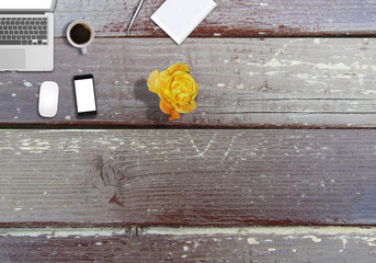 Office desk top view hero image for mock up. Wooden background