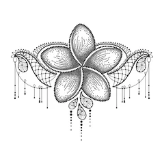 Fotobehang Dotted flower of Plumeria or Frangipani in black with decorative lace isolated on white background. National flower of Laos and Bali. Floral elements in dotwork style for tattoo.  © bokasana