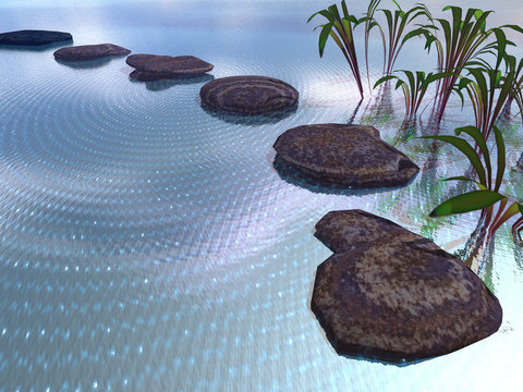 3-d Illustration Of A Pond With Stepping Stones And Reflective Water