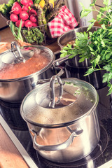 cooking pots on the stove