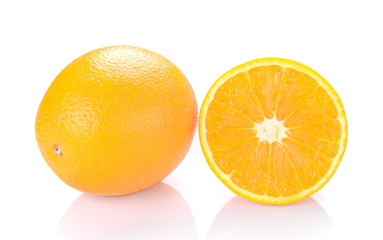 Orange cut pieces on white background.