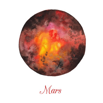 Planet Mars. Watercolor illustration isolated on white background
