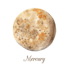 Planet Mercury. Watercolor illustration isolated on white background