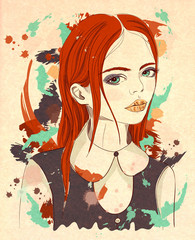 Portrait of a beautiful girl with red hair. Fashion illustration on abstract textured background