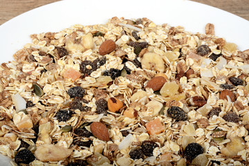 Dried Muesli with a mix of healthy fruit, nuts and seeds.