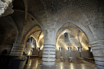 Hall of Columns (dining room) in the underground knight templar citadel of Acre (Hospitallerian citadel), Old Acre (Akko), Israel
