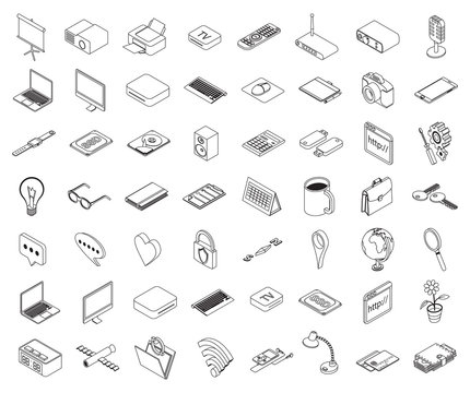 Set of isometric icons computer technology and office equipment