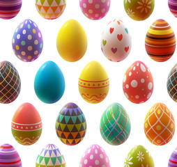 Colorful realistic eggs on white background. Seamless pattern. Easter collection. Vector illustration.