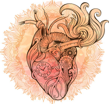 Image of heart in steampunk style. Watercolor background with fl