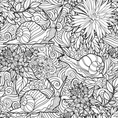 Fototapeta premium seamless pattern of flowers and snails.