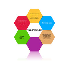 Six steps timeline objects. Hexagon shape with reflection below. Place for text inside shape. Vector illustration.
