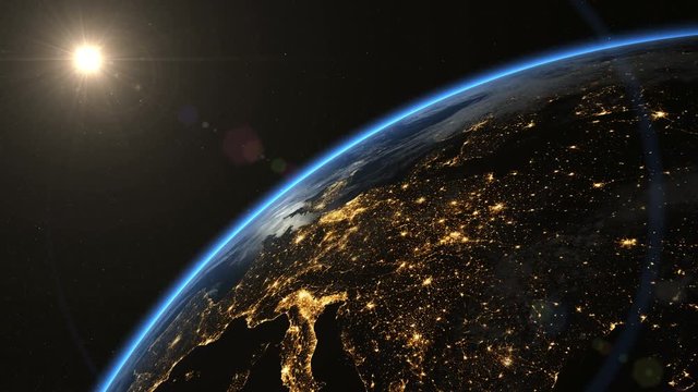 Europe from space. Pan to night side. The European states from space. Clip contains earth, europe, sunrise, space, map, globe, satellite, planet, european, european union. Images from NASA.