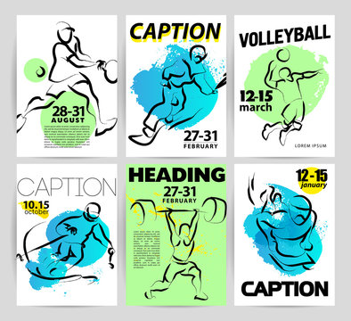 Hand drawn vector artistic sportsman sketches, sport advertising cards and leaflets template.