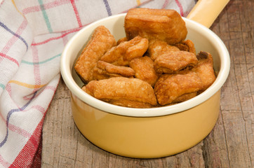 home made crackling in an enamel pot