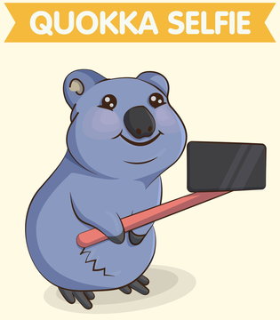 Cute cartoon smiling australian quokka animal making selfie photo with a phone and telescopic selfie stick. For mugs, t-shirts and other designs.