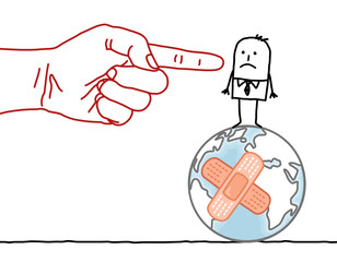 big hand and cartoon character - man on damaged Earth